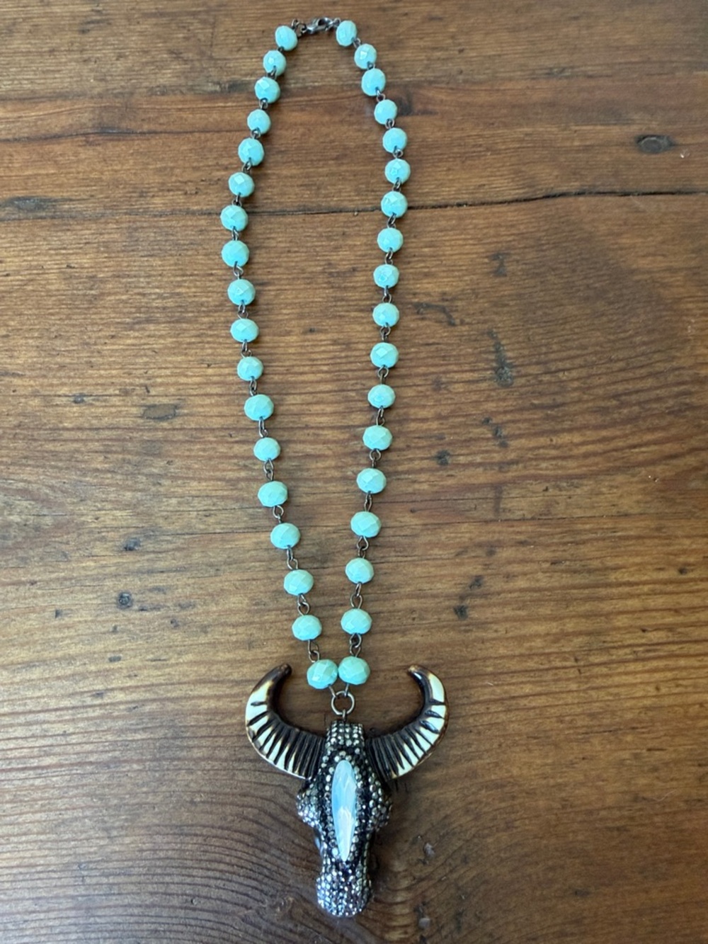 Handmade Bling Bull Skull Light Blue Beaded Necklace